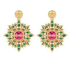 Juliette Wooten Ruby Emerald Diamond Yellow Gold Halo Dangle Earrings