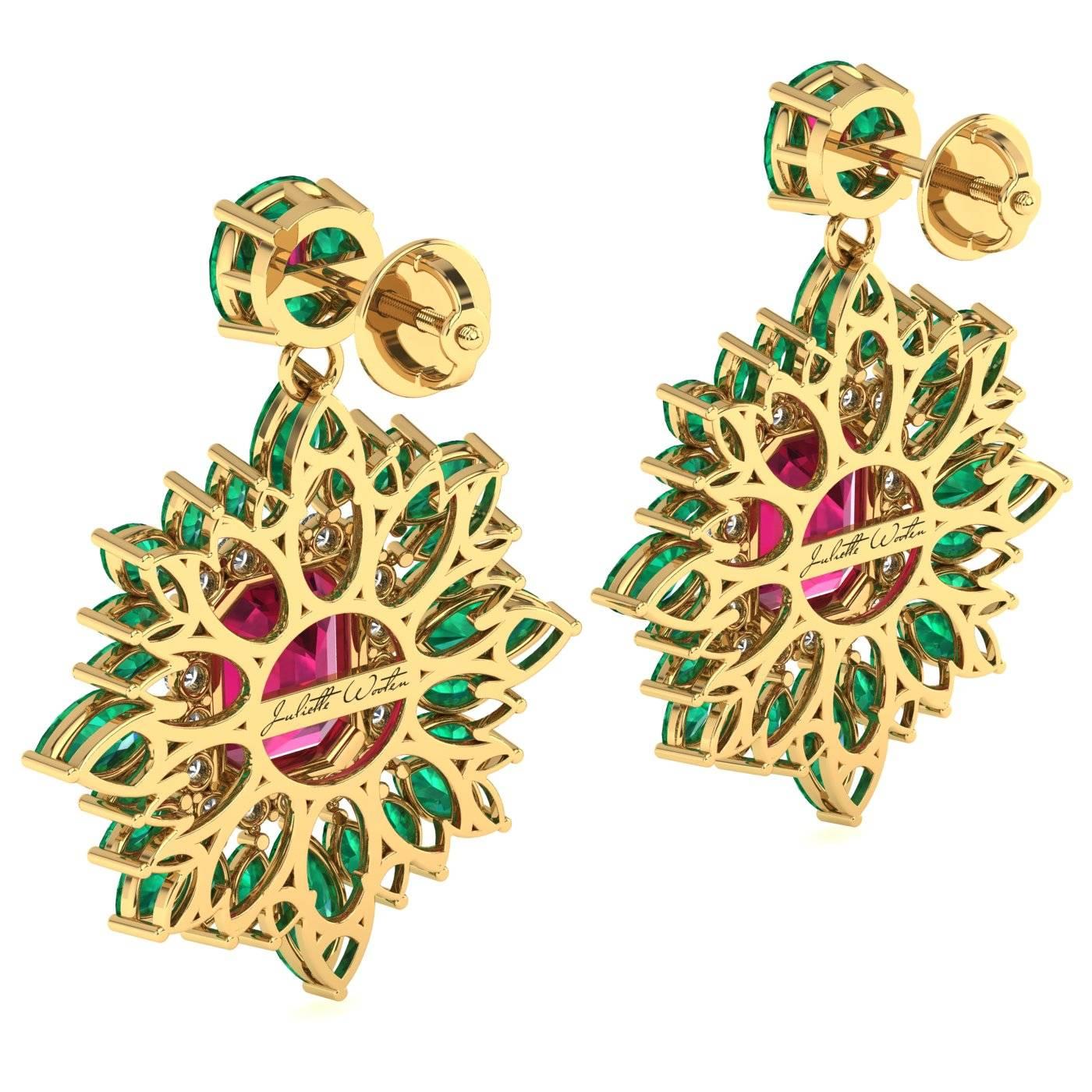 Women's or Men's Juliette Wooten Ruby Emerald Diamond Yellow Gold Halo Dangle Earrings  For Sale