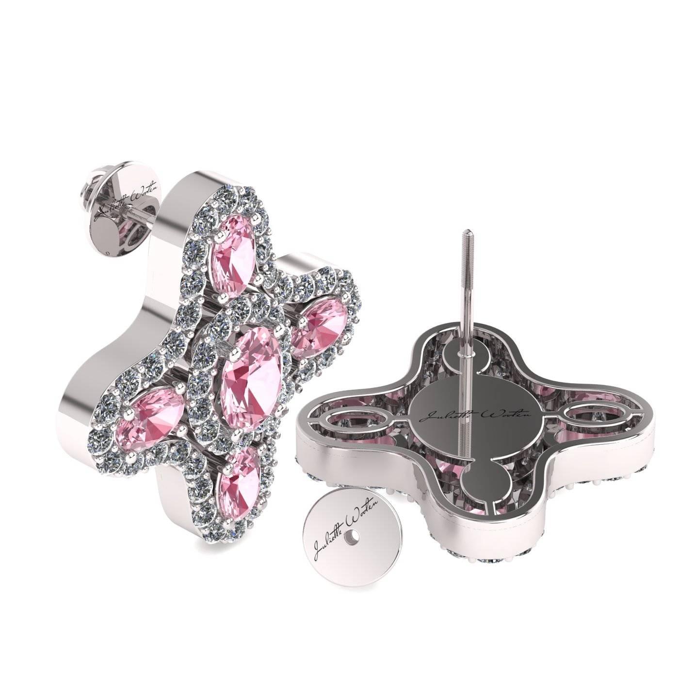 Juliette Wooten Pink Sapphire Diamond White Gold Stud Halo Earrings In New Condition For Sale In Sanford, FL