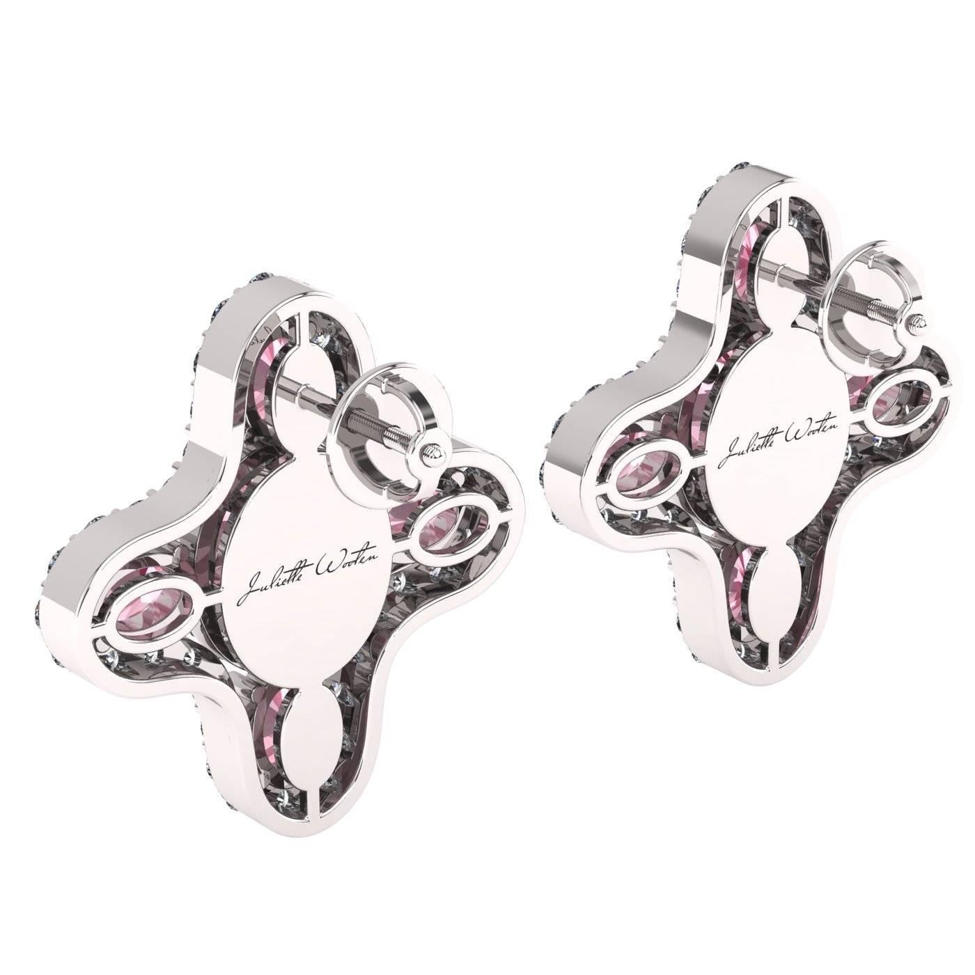 Women's or Men's Juliette Wooten Pink Sapphire Diamond White Gold Stud Halo Earrings For Sale