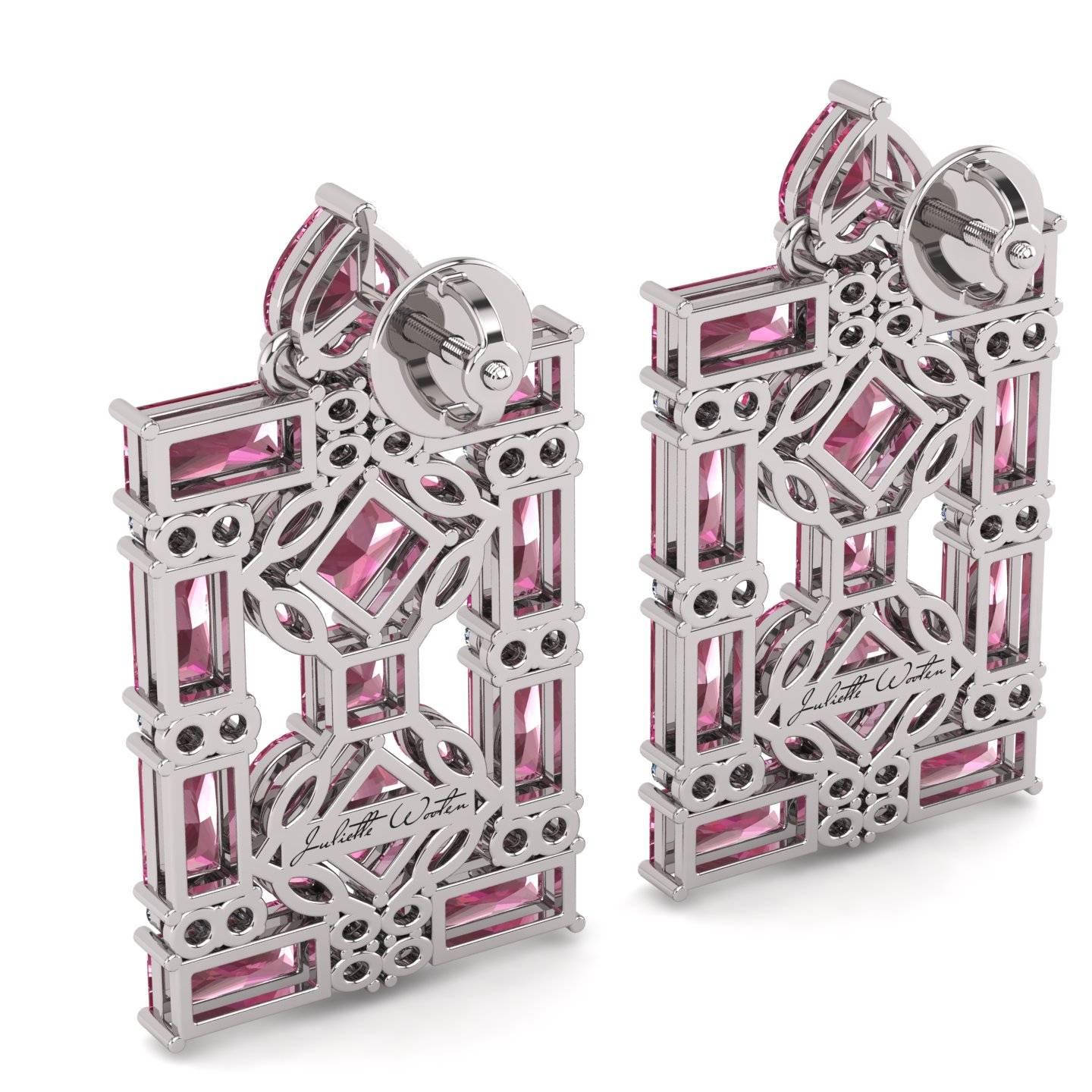 Contemporary Juliette Wooten Baguette Pink Tourmaline Heart Diamond White Gold Earrings For Sale