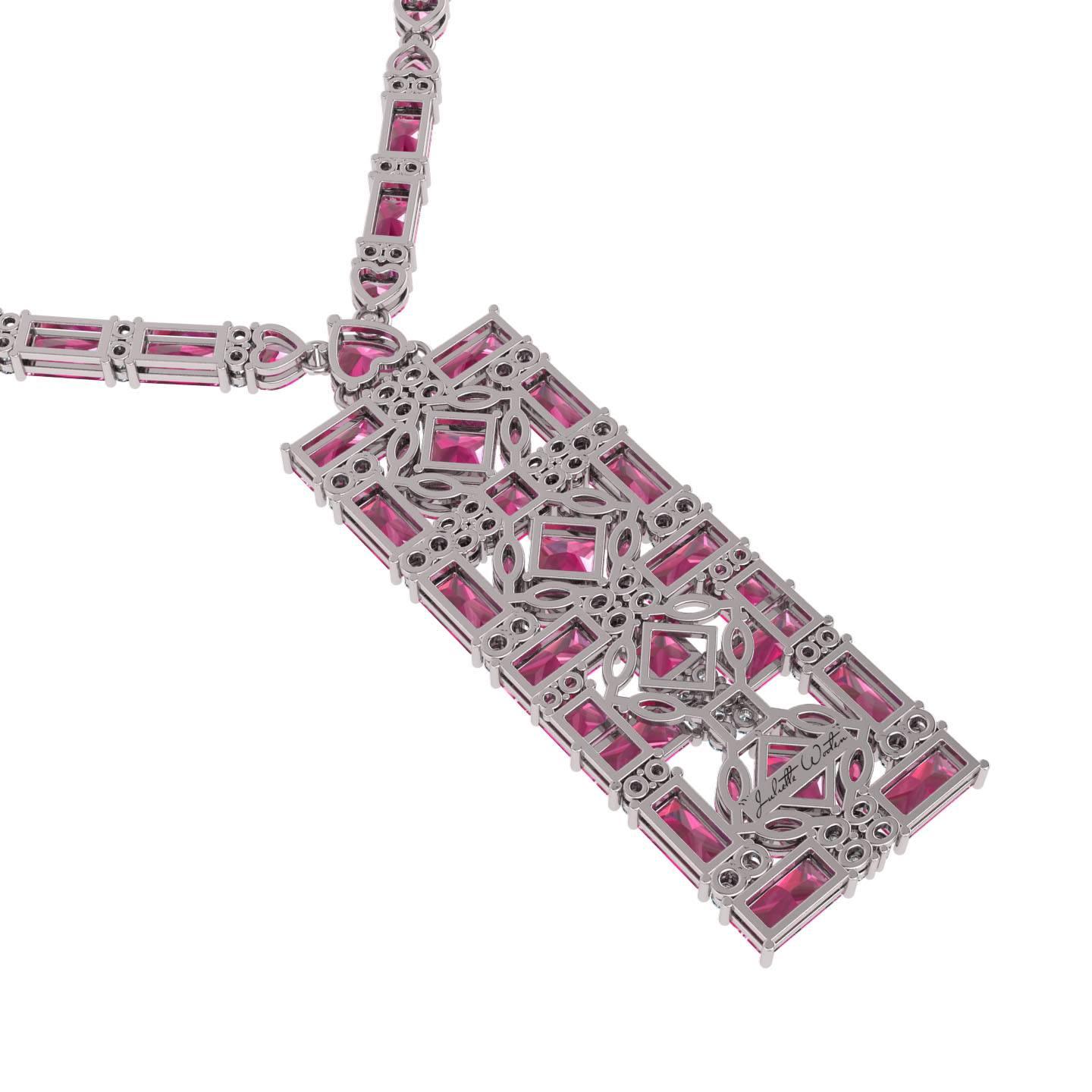 Contemporain Juliette Wooten Collier en or blanc avec cœur en diamants et tourmaline rose baguette en vente
