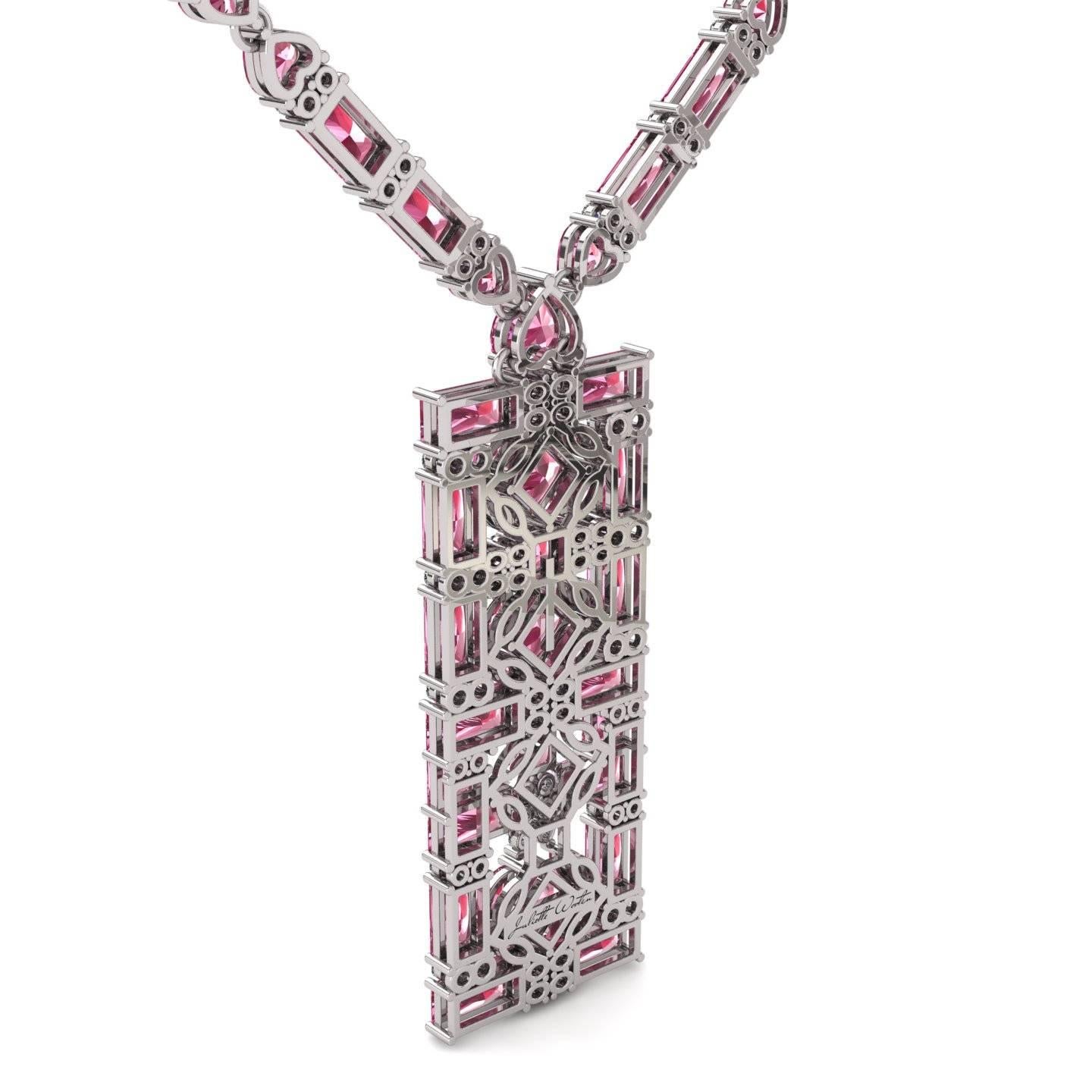 Contemporary Juliette Wooten Baguette Pink Tourmaline Heart Diamond White Gold Necklace For Sale