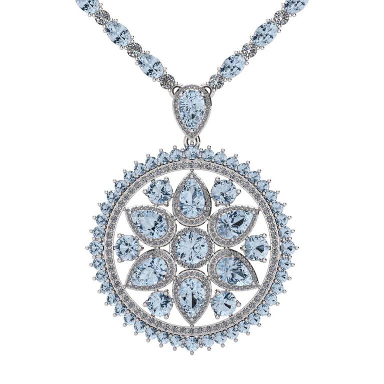 Aquamarine Diamond Tennis Necklace Flower Pendant By Juliette Wooten White Gold
