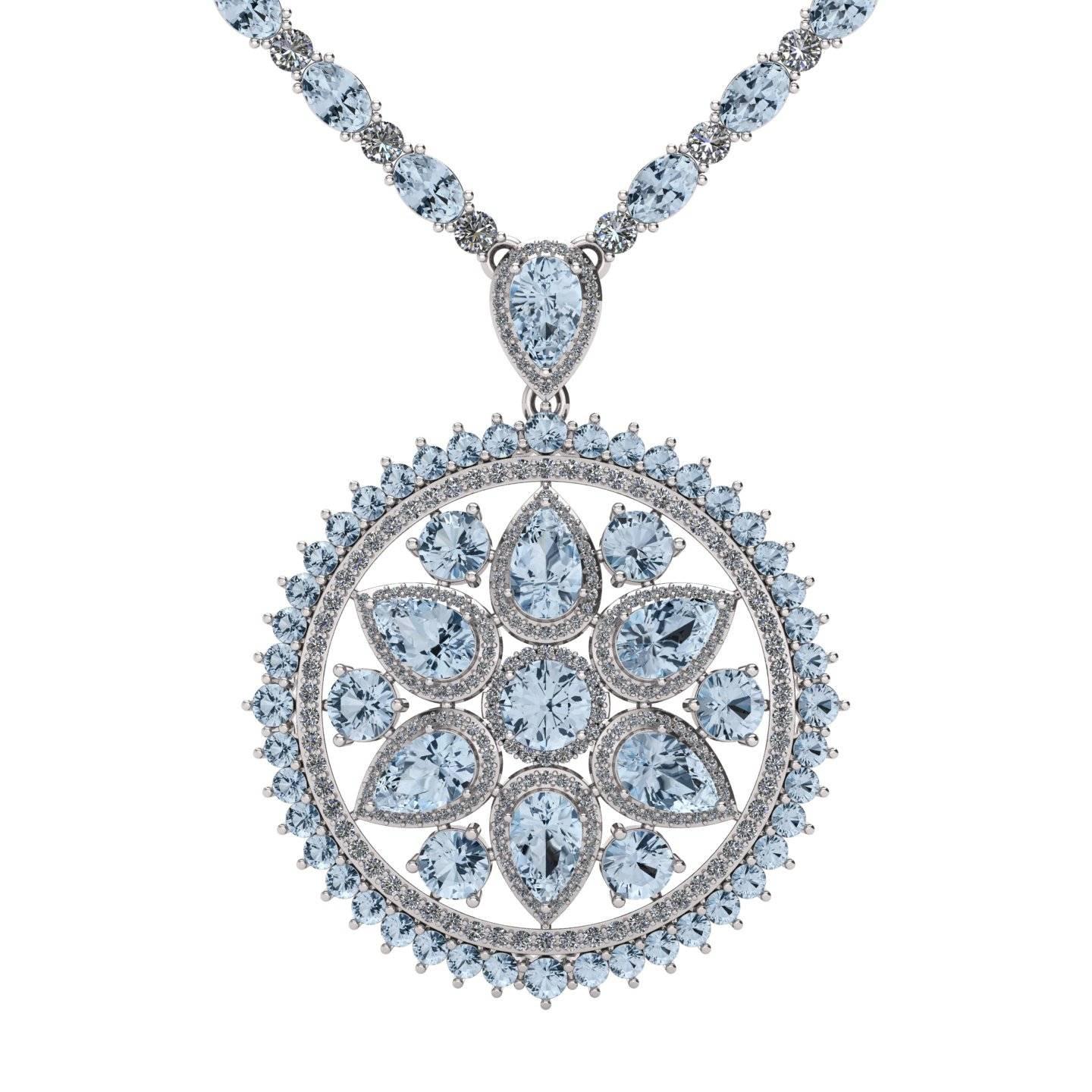  Aquamarine Diamond Tennis Necklace Flower Pendant by Juliette Wooten White Gold For Sale