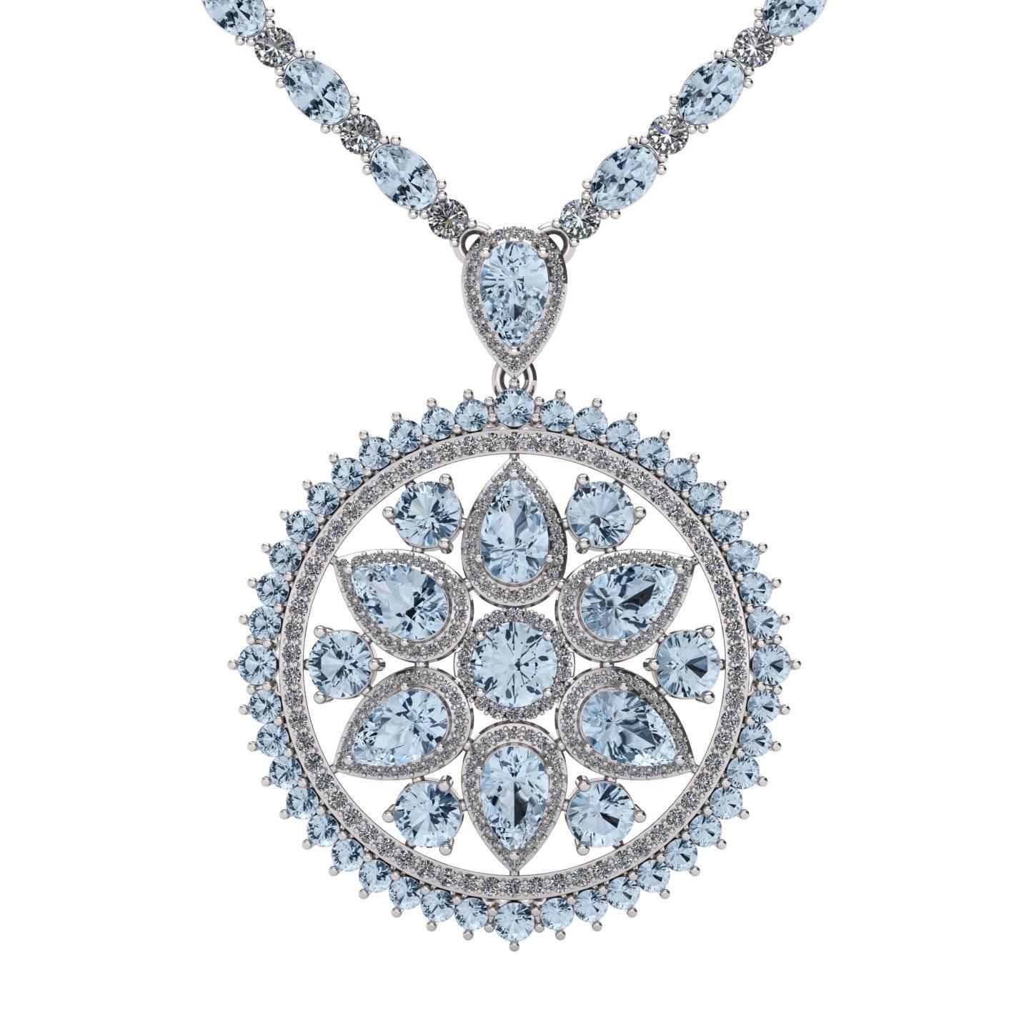 Aquamarine Diamond Tennis Necklace Flower Pendant by Juliette Wooten White Gold For Sale