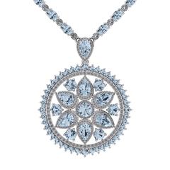 Aquamarine Diamond Tennis Necklace Flower Pendant by Juliette Wooten White Gold
