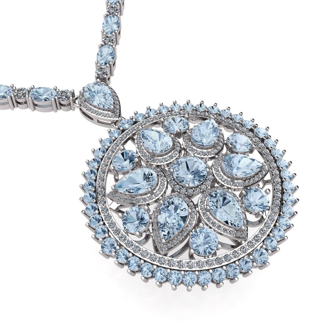  Collier tennis pendentif fleur en or blanc avec aigue-marine et diamants de Juliette Wooten Neuf - En vente à Sanford, FL