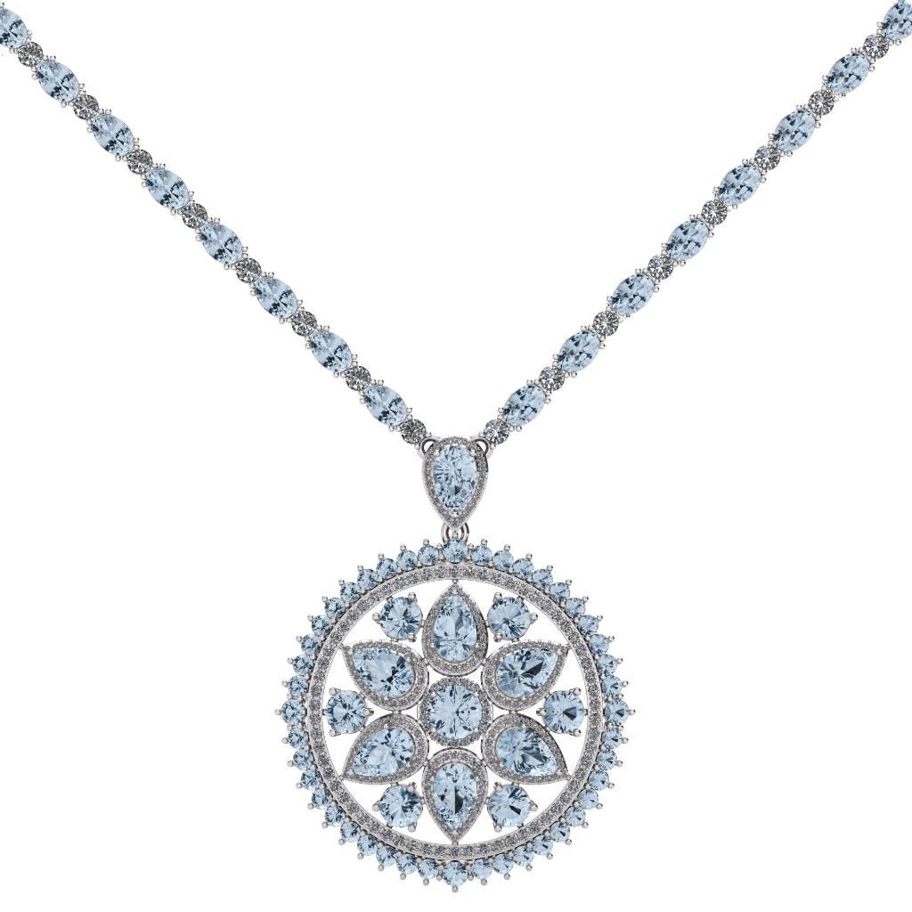  Aquamarine Diamond Tennis Necklace Flower Pendant by Juliette Wooten White Gold In New Condition For Sale In Sanford, FL