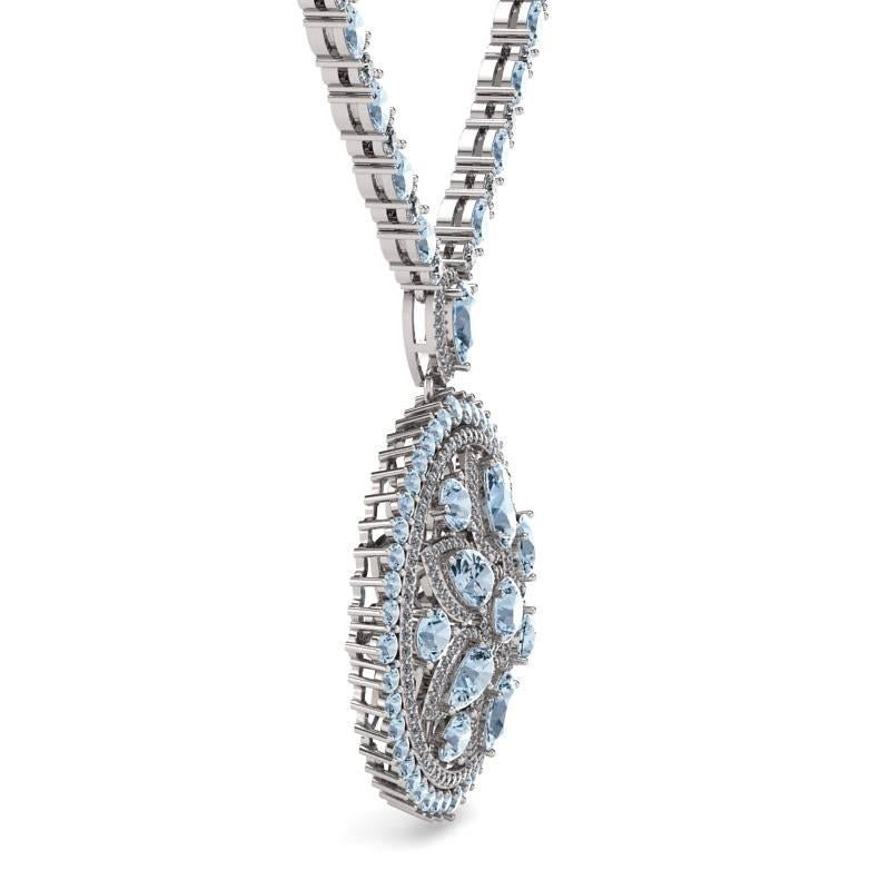 Contemporary  Aquamarine Diamond Tennis Necklace Flower Pendant by Juliette Wooten White Gold For Sale