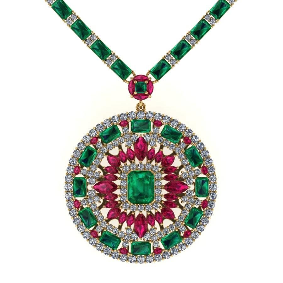 Emerald Ruby Diamond Tennis Necklace Medallion by Juliette Wooten Yellow Gold  For Sale
