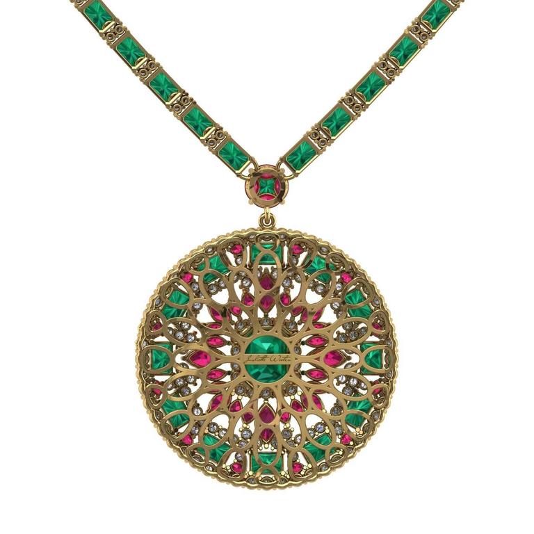 Emerald Ruby Diamond Tennis Necklace Medallion by Juliette Wooten
