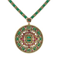 Emerald Ruby Diamond Tennis Necklace Medallion by Juliette Wooten Yellow Gold