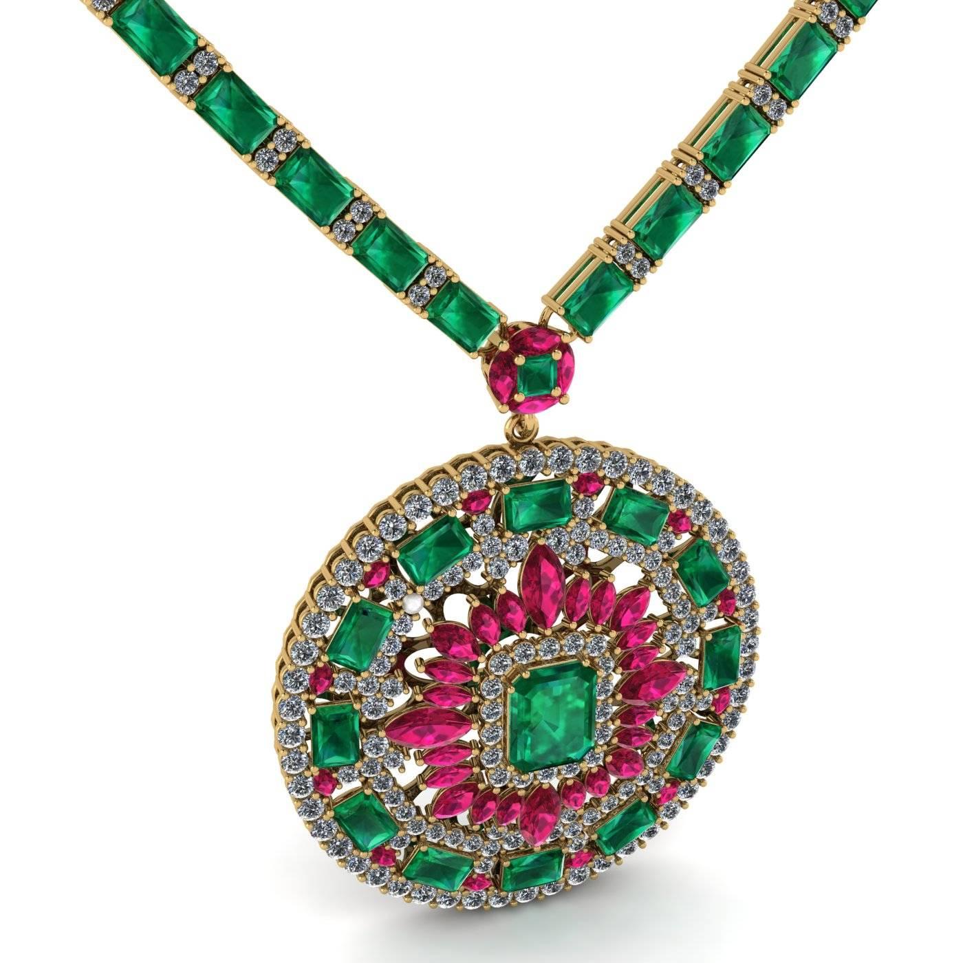 Tennis-Halskette mit Medaillon mit Smaragd, Rubin und Diamant von Juliette Wooten aus Gelbgold  für Damen oder Herren im Angebot