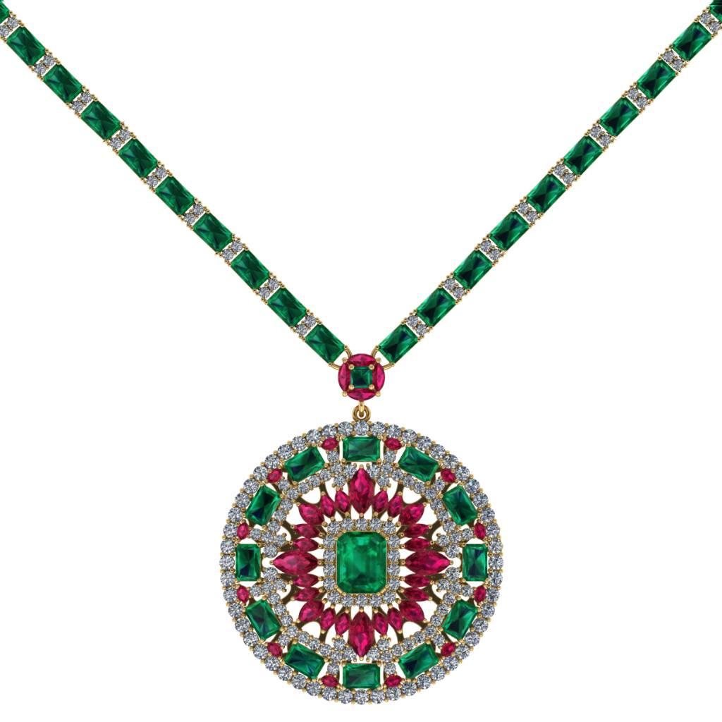 Emerald Ruby Diamond Tennis Necklace Medallion by Juliette Wooten Yellow Gold  In New Condition For Sale In Sanford, FL