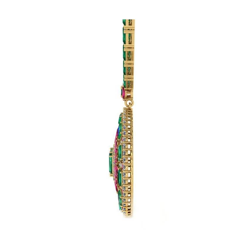 Contemporary Emerald Ruby Diamond Tennis Necklace Medallion by Juliette Wooten Yellow Gold For Sale