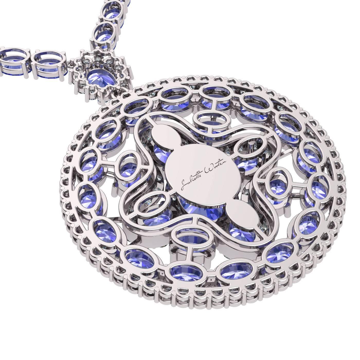 Contemporary Tanzanite Diamond Tennis Necklace Medallion by Juliette Wooten White Gold  For Sale