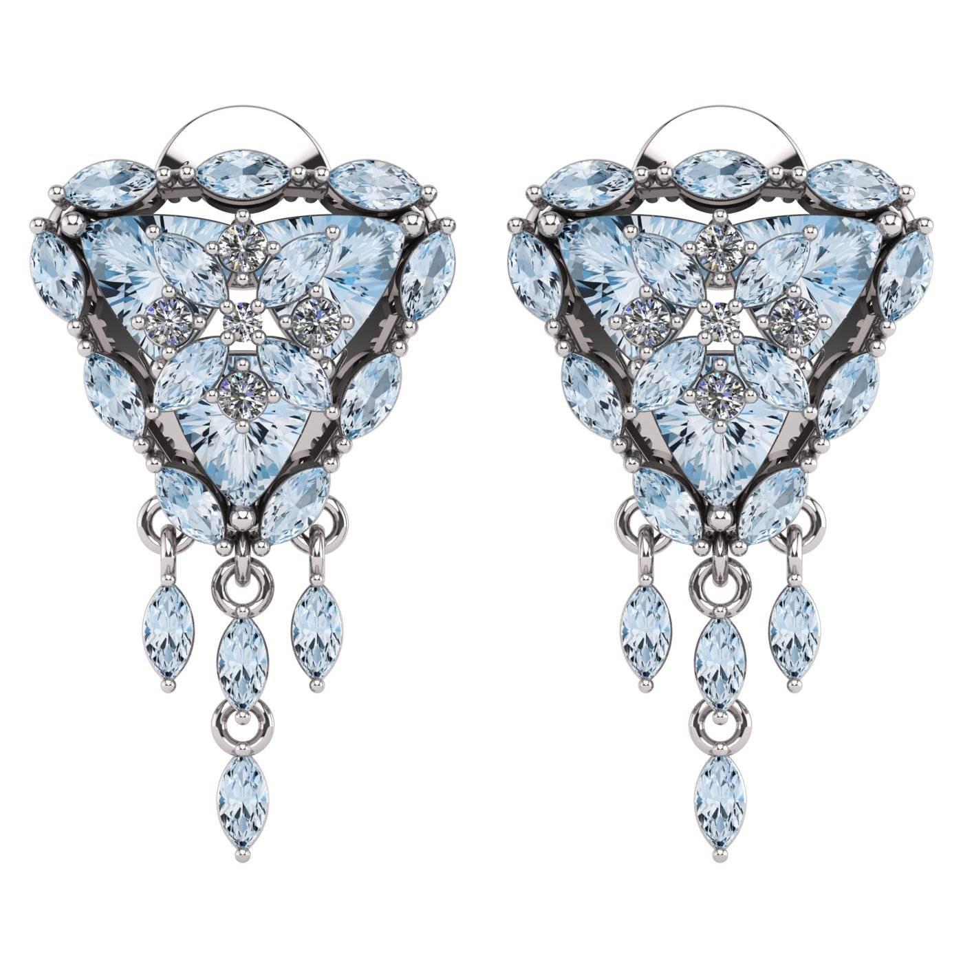 Trillion Aquamarine Diamond Halo Flower Earrings by Juliette Wooten White Gold  For Sale