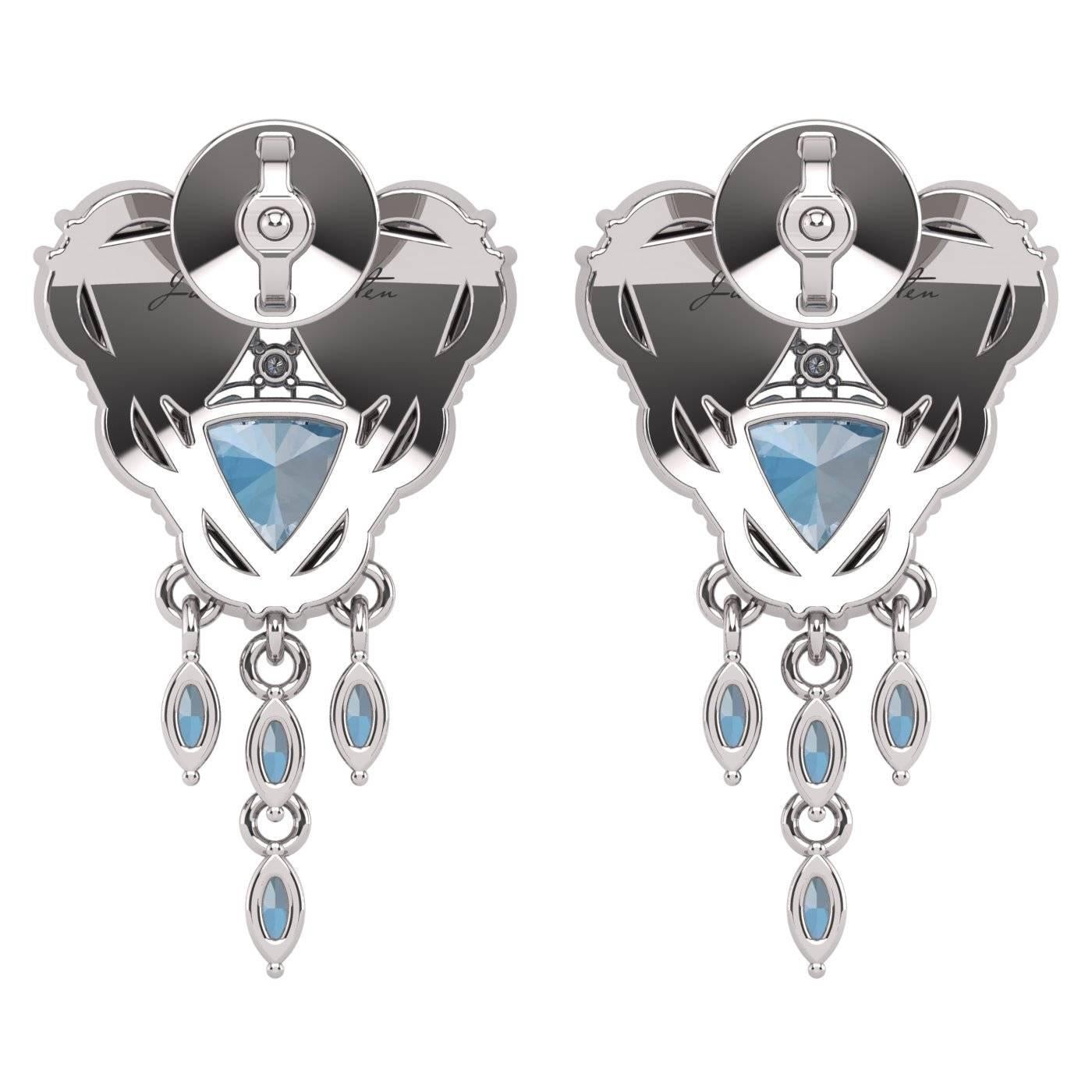 Pendientes Trillón Aguamarina Diamante Halo Flor de Juliette Wooten Oro Blanco Contemporáneo en venta