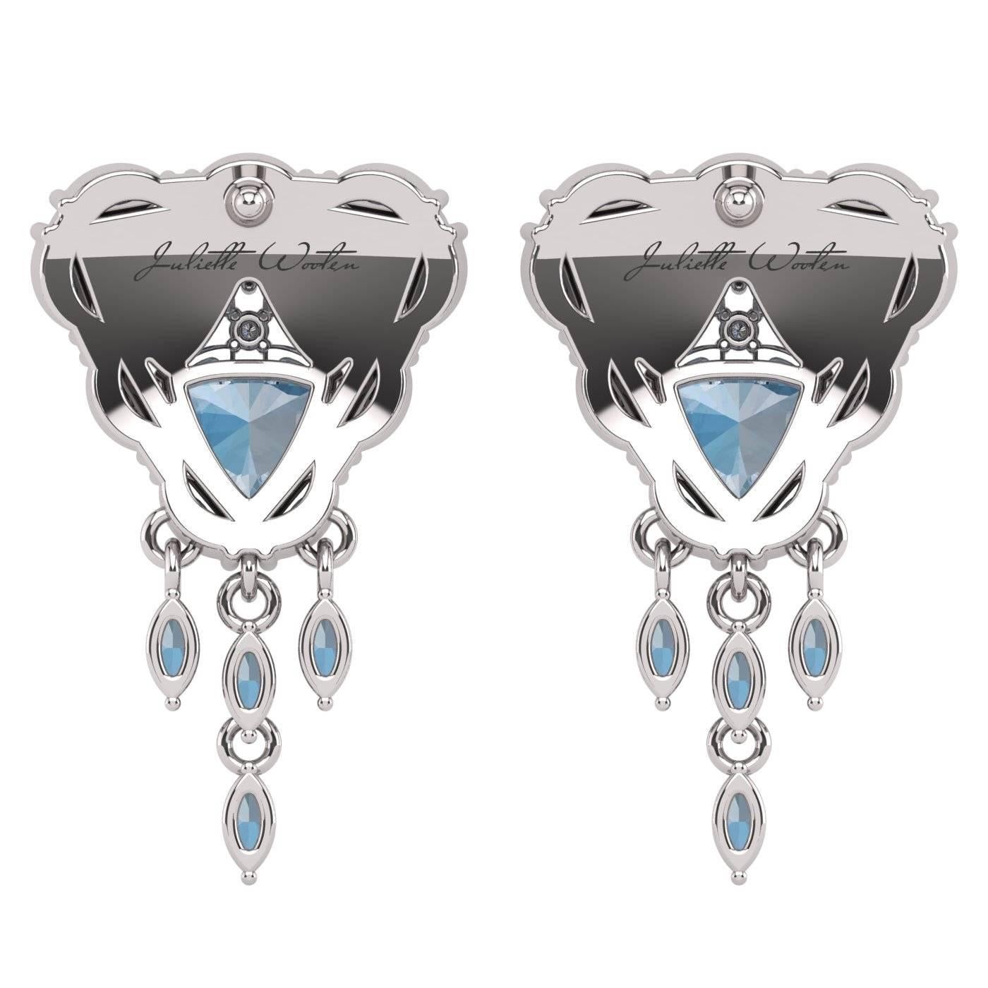 Contemporary Trillion Aquamarine Diamond Halo Flower Earrings by Juliette Wooten White Gold  For Sale