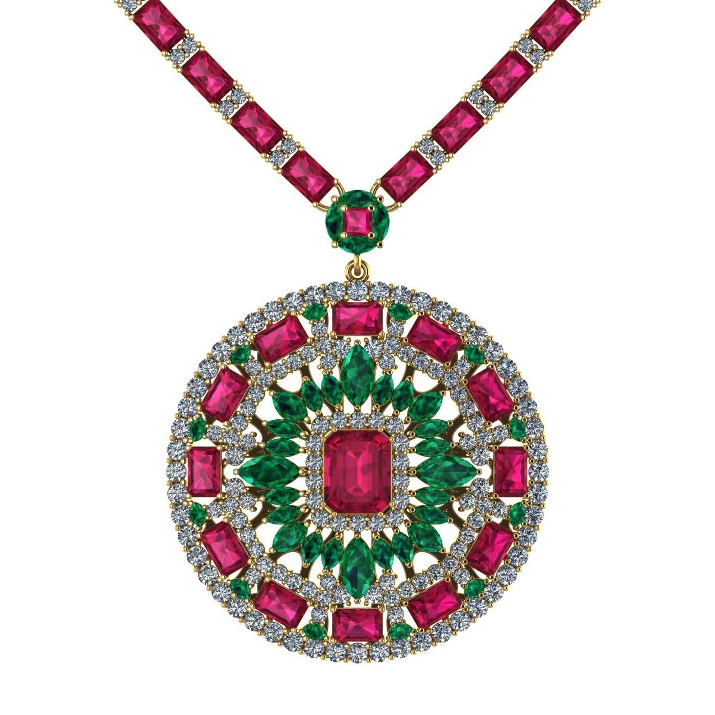 Ruby Emerald Diamond Tennis Necklace Medallion by Juliette Wooten Yellow Gold  For Sale