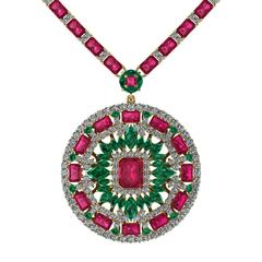 Ruby Emerald Diamond Tennis Necklace Medallion by Juliette Wooten Yellow Gold