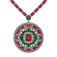 Ruby Emerald Diamond Tennis Necklace Medallion by Juliette Wooten Yellow Gold 