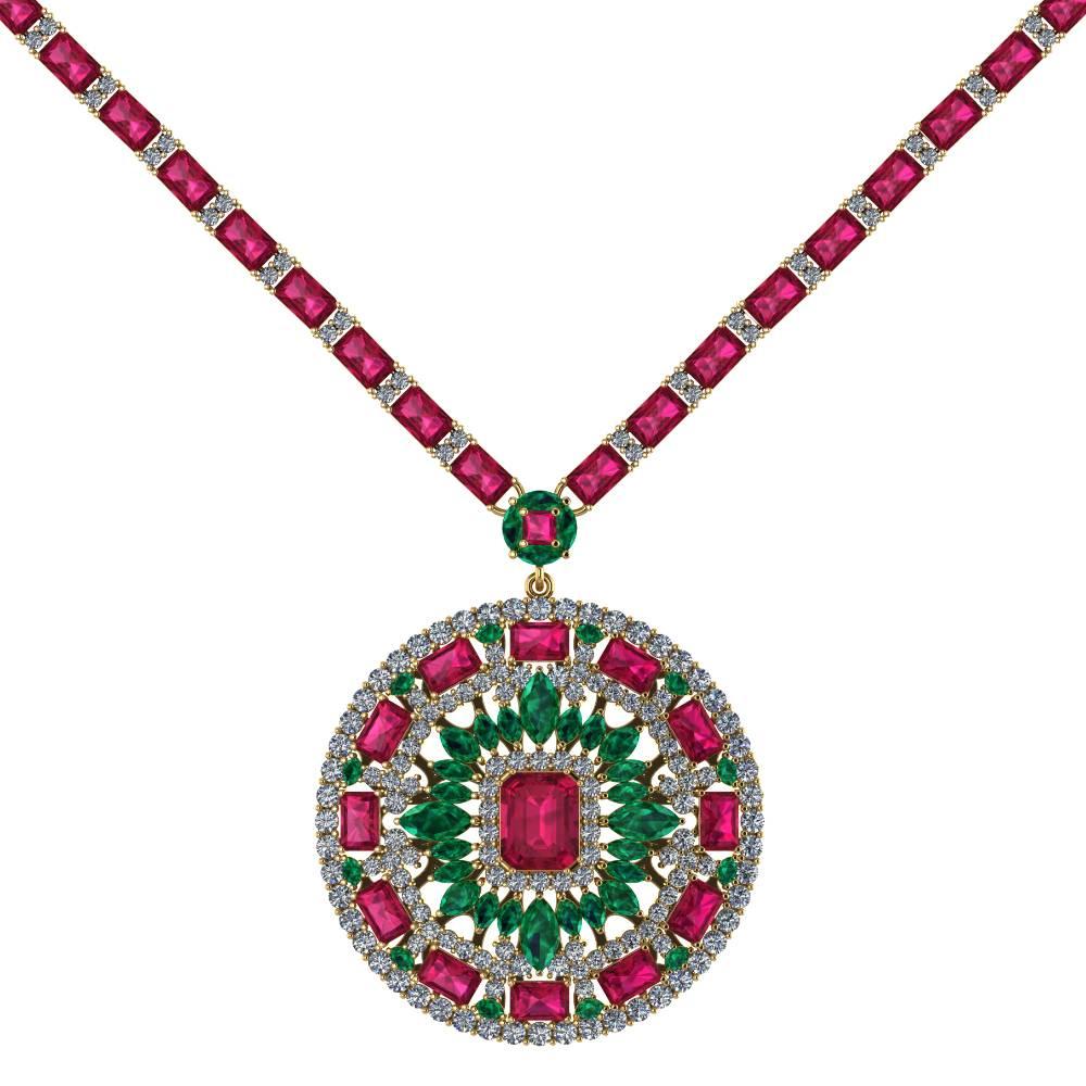 Ruby Emerald Diamond Tennis Necklace Medallion by Juliette Wooten Yellow Gold  In New Condition For Sale In Sanford, FL