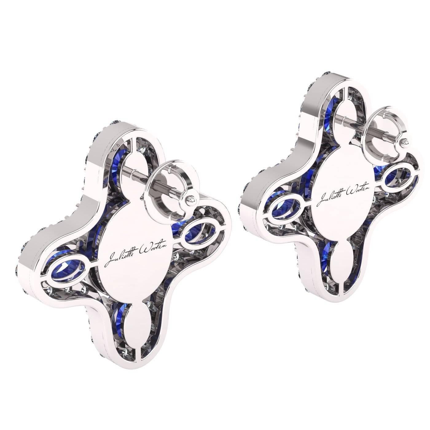 Contemporary Juliette Wooten Blue Sapphire Diamond White Gold Halo Stud Earrings    For Sale