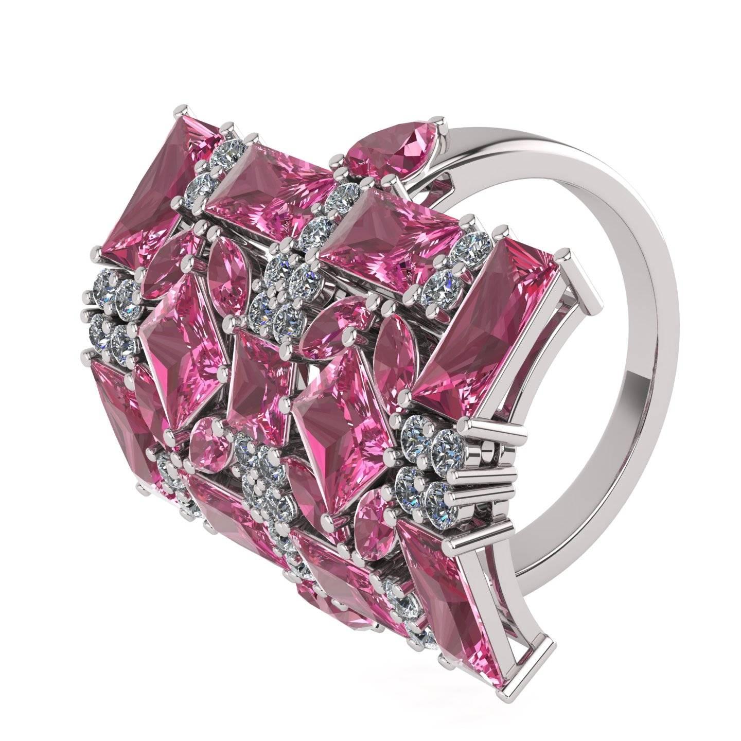 Juliette Wooten Baguette Pink Tourmaline Heart Diamond White Gold Ring For Sale 2