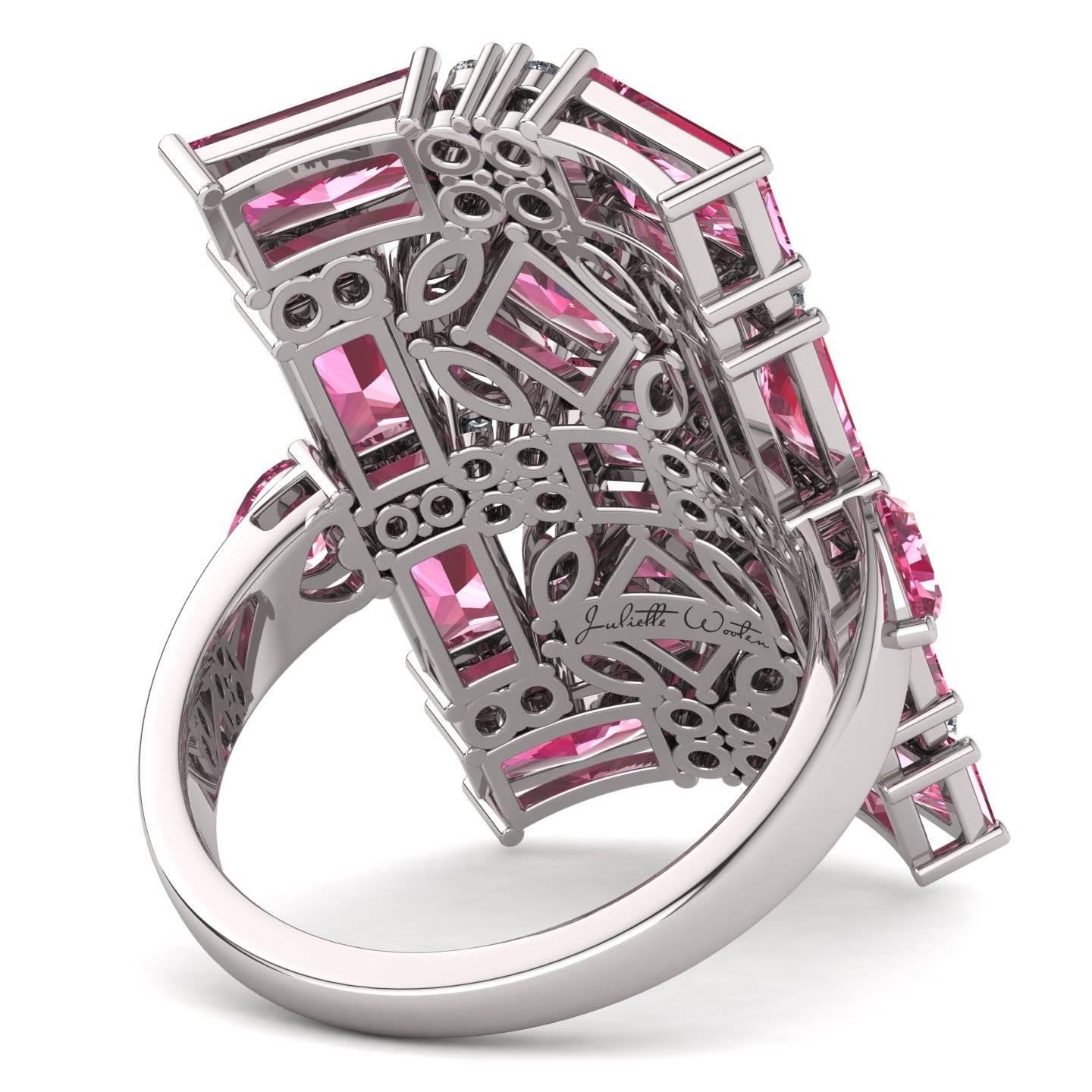 Women's or Men's Juliette Wooten Baguette Pink Tourmaline Heart Diamond White Gold Ring For Sale