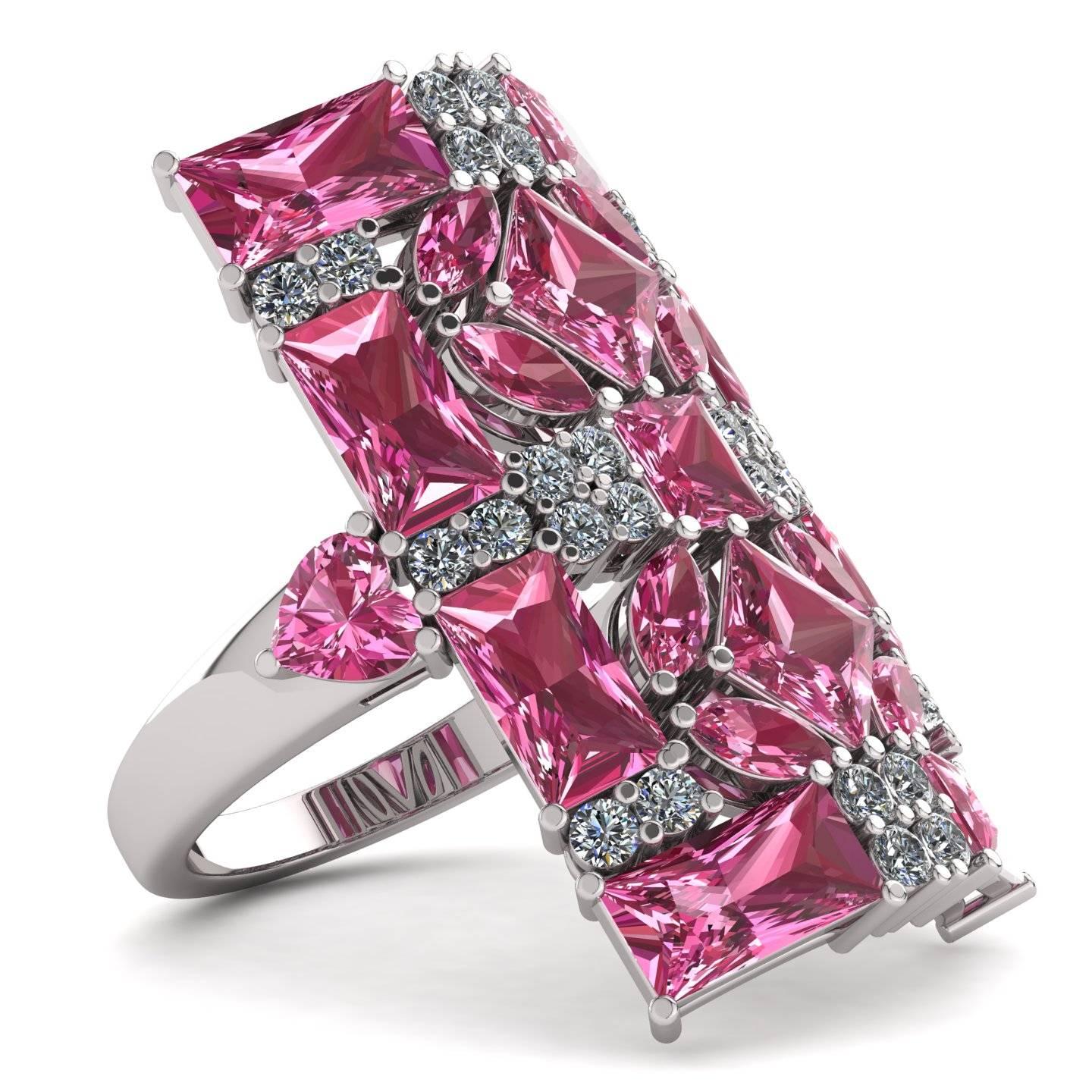 Juliette Wooten Baguette Pink Tourmaline Heart Diamond White Gold Ring In New Condition For Sale In Sanford, FL