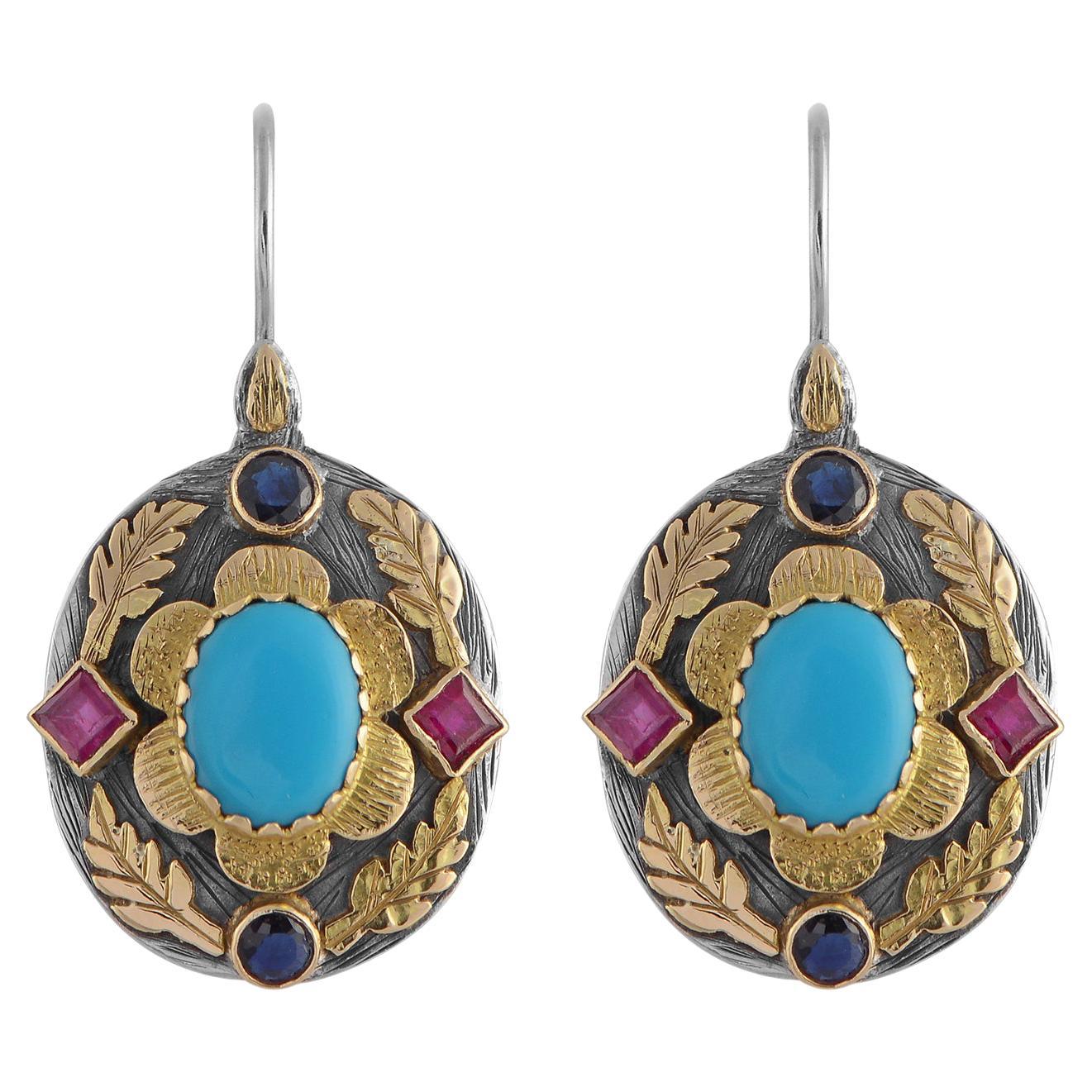  Turquoise Ruby Sapphire 18 Karat Gold Silver Earrings and Pendant Suite