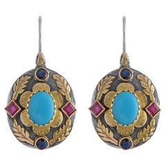  Turquoise Ruby Sapphire 18 Karat Gold Silver Earrings and Pendant Suite