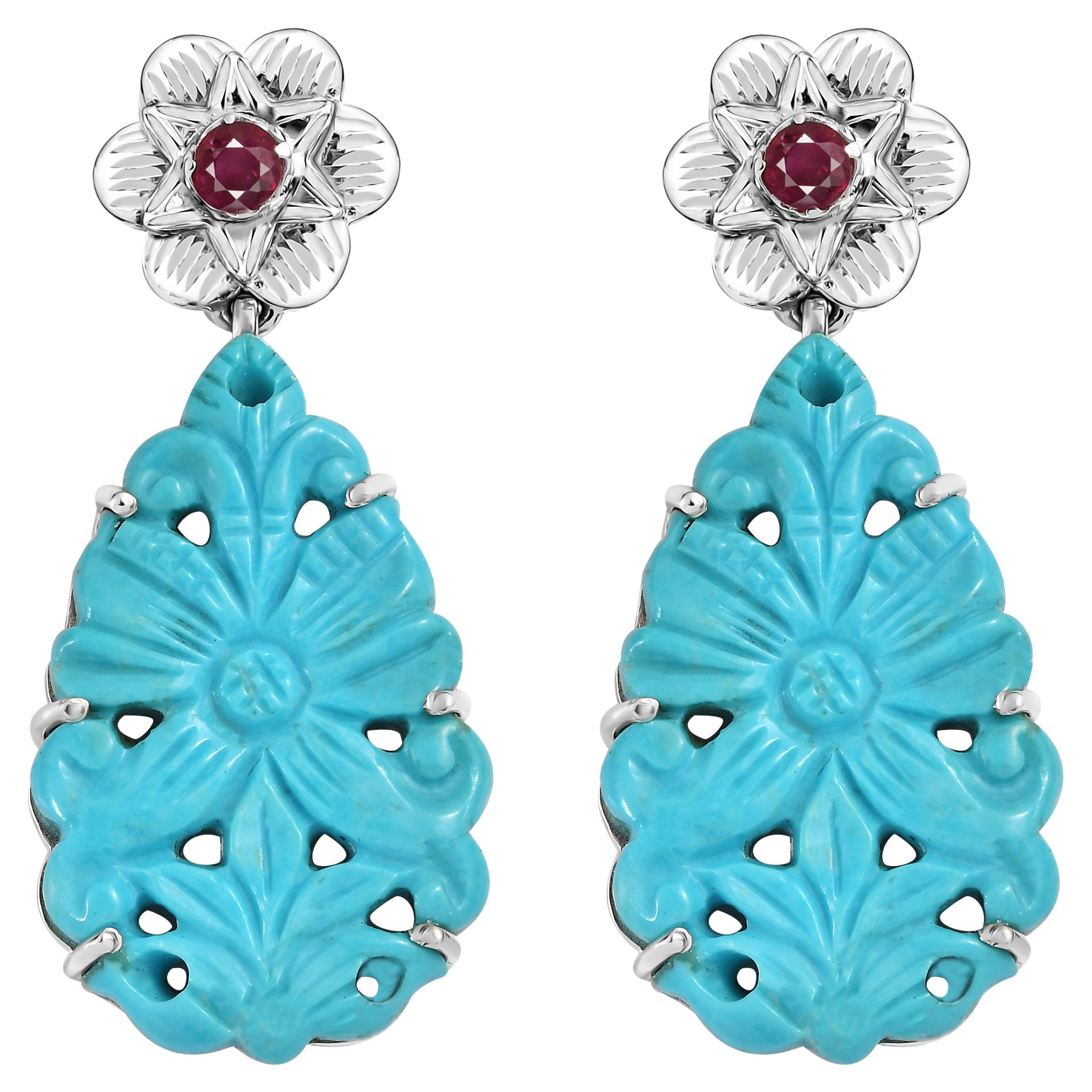 Emma Chapman Turquoise Ruby  Silver Statement Earrings For Sale