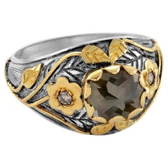 Handmade 14k Gold Floral Mughal Style Engagement Ring with 1.32ct Grey Diamond
