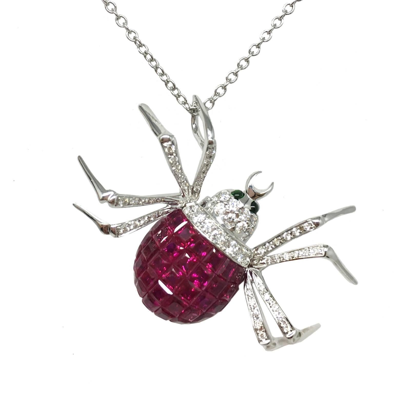 2-uses 18K White Gold Spider Brooch-Pendant set with 0.51 carat of Diamond, 7.83 carat of Ruby and 0.05 carat of Tsavorite.

18K chain not included.
