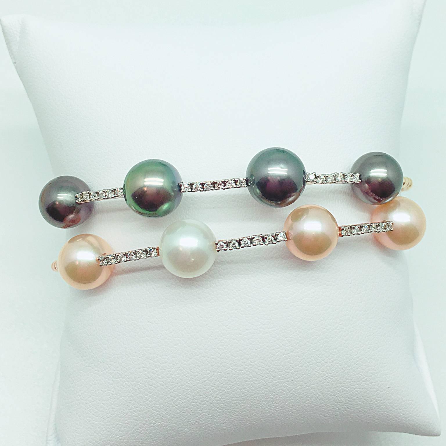 Tahitian Pearls: 9.04, 9.55, 9.42 and 9.00mm
White Diamond: 0.18 carat
Set in 18K Yellow Gold.

Matching bangle with white southsea and freshwater pearls also available.