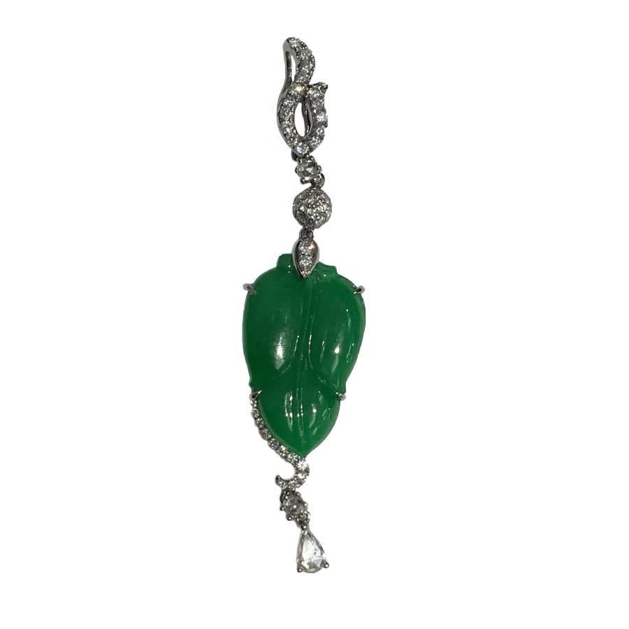 GILIN Carved Natural Green Jadeite Jade 'Ye-zi' Diamond Pendant