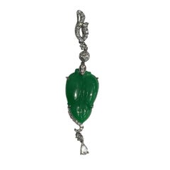 GILIN Carved Natural Green Jadeite Jade 'Ye-zi' Diamond Pendant