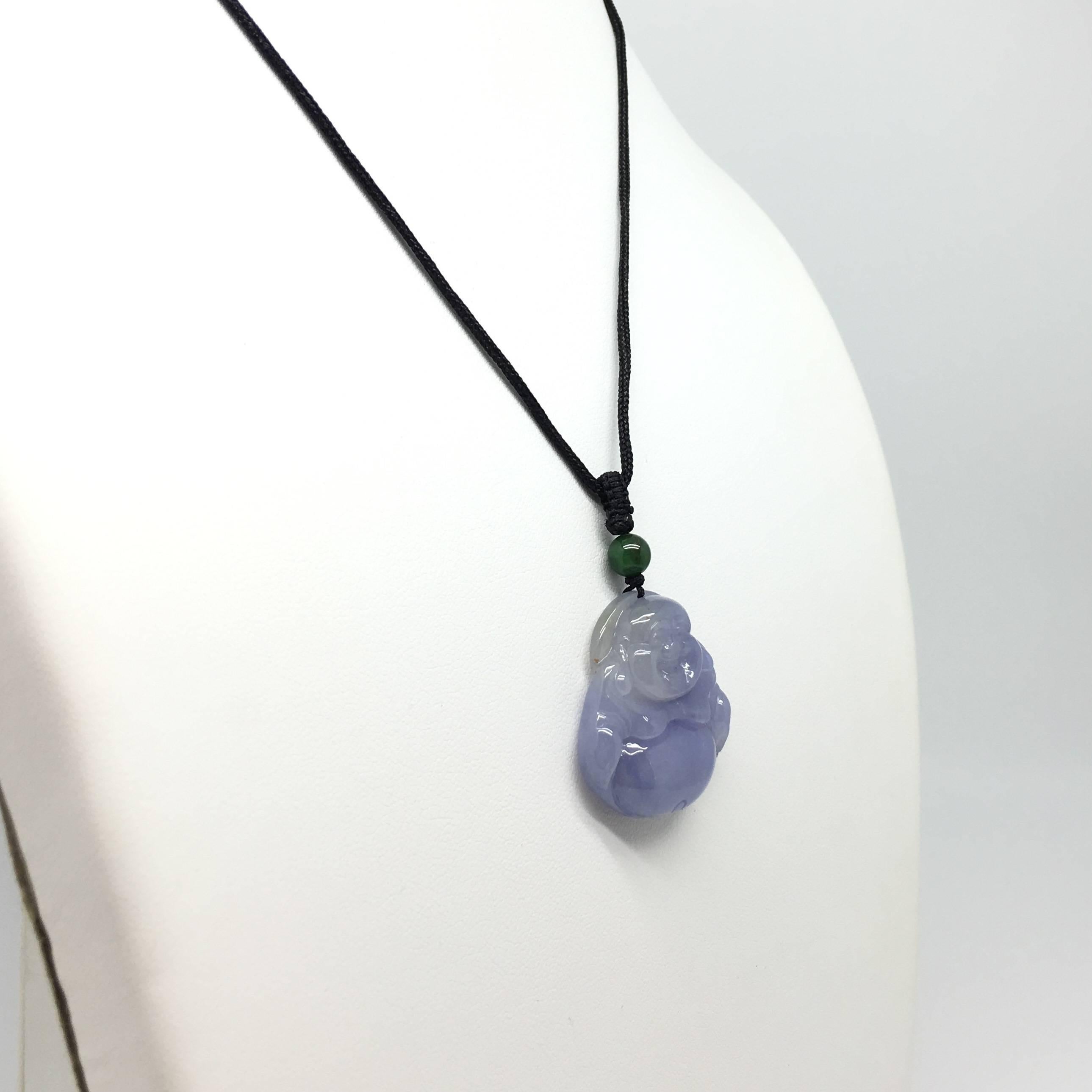 Women's or Men's GILIN Carved Natural Lavender Jadeite Jade 'Fo' Pendant with Black Cord