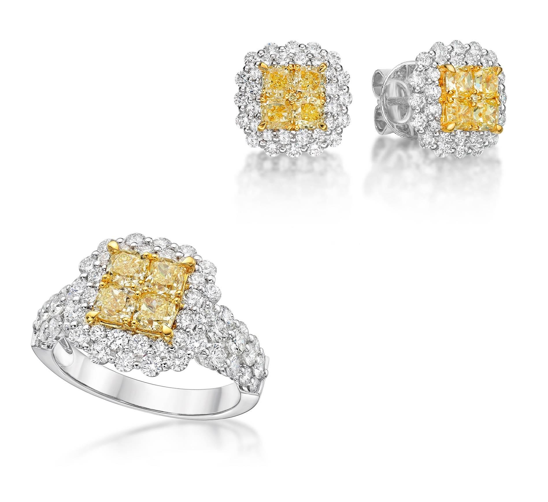 Gilin's classic, yet elegant collection. Perfect for your everyday wear. 

The yellow diamond illusion has a measurement of approximately a size of a 2.00 carat Princess Cut Diamond. This design has a pair of matching earrings, making it an ideal