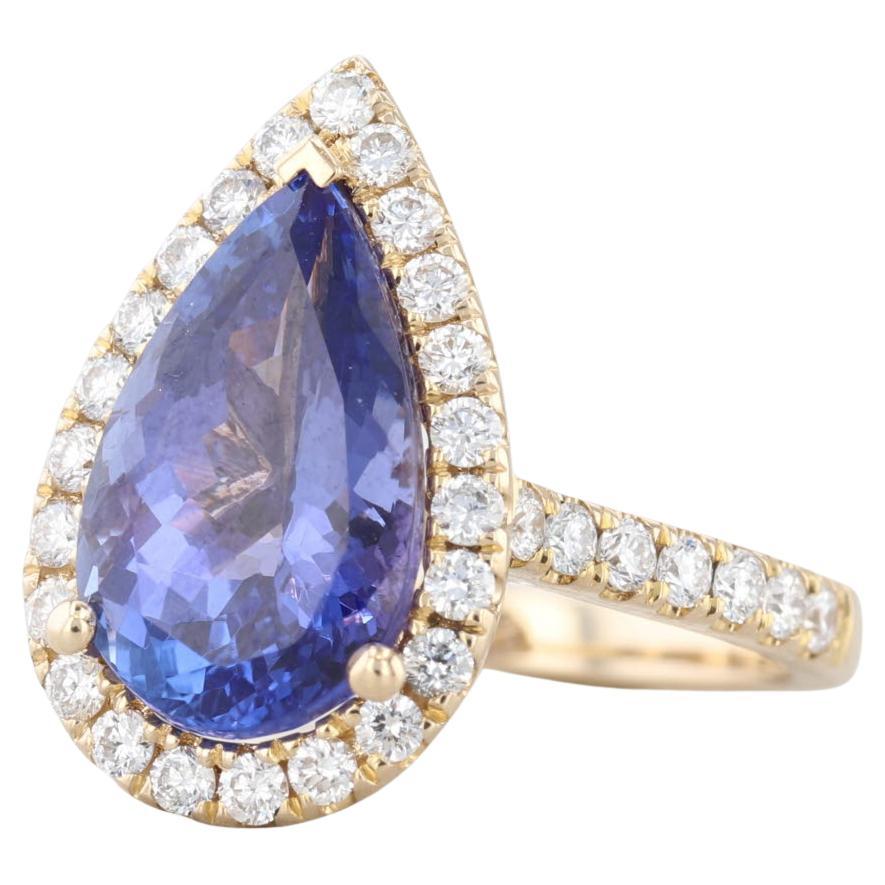 Anello aureolato con diamante tanzanite a pera da 5,34ctw in oro 14k, misura 6,5, fidanzamento a goccia
