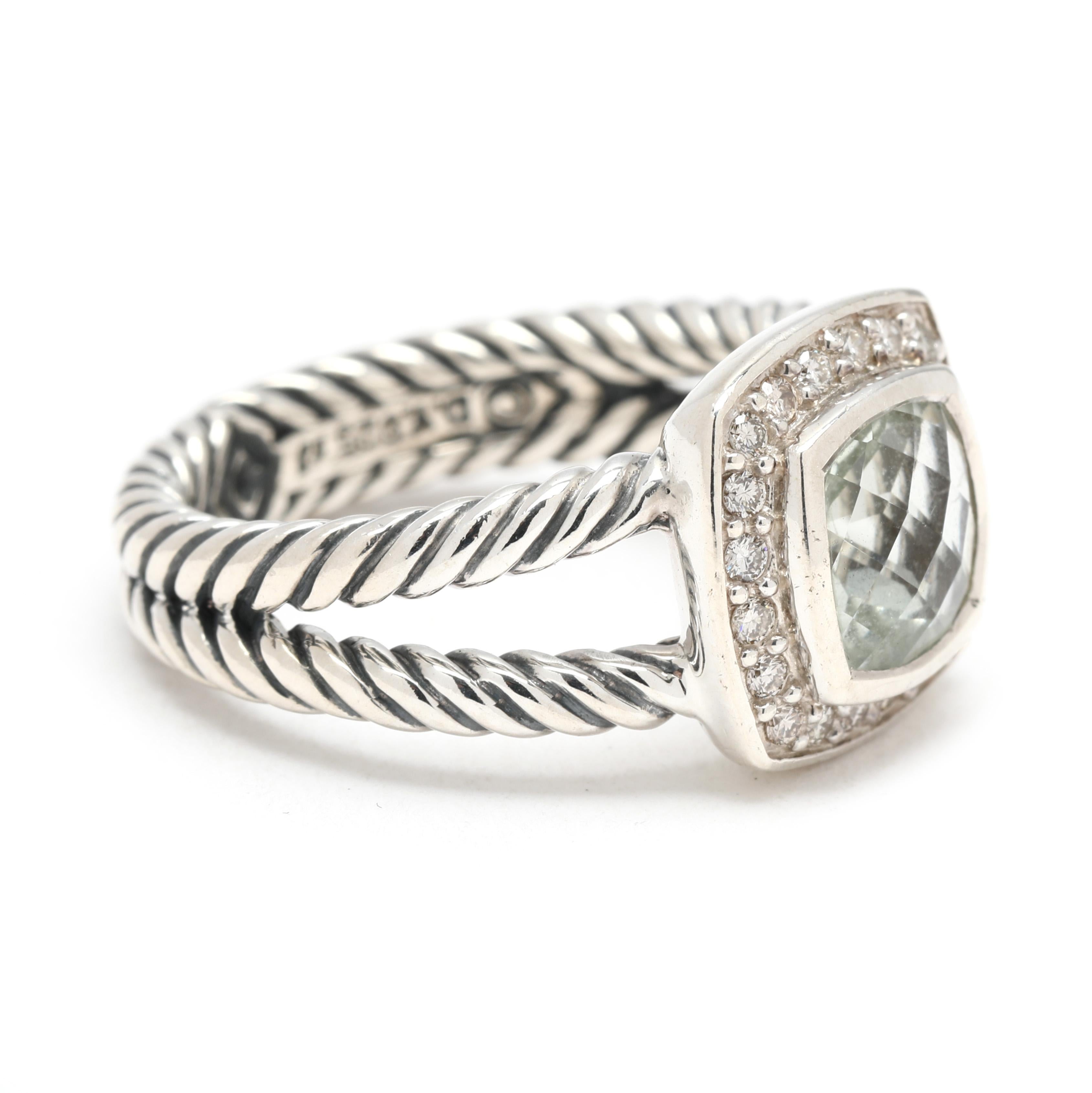 Steine:
Prasiolith, 1
Schachbrettkissen
7 mm
etwa 1,45 Karat insgesamt
Diamant, 20
runder Brillantschliff
1.3 mm
etwa 0,16 Karat insgesamt
GH Farbe/ SI1-2 Klarheit

Ring Größe 6

Steigung ab Finger: 5.5 mm

Länge: 11,8 mm

Gewicht: 3,5 dwts. / 5,5