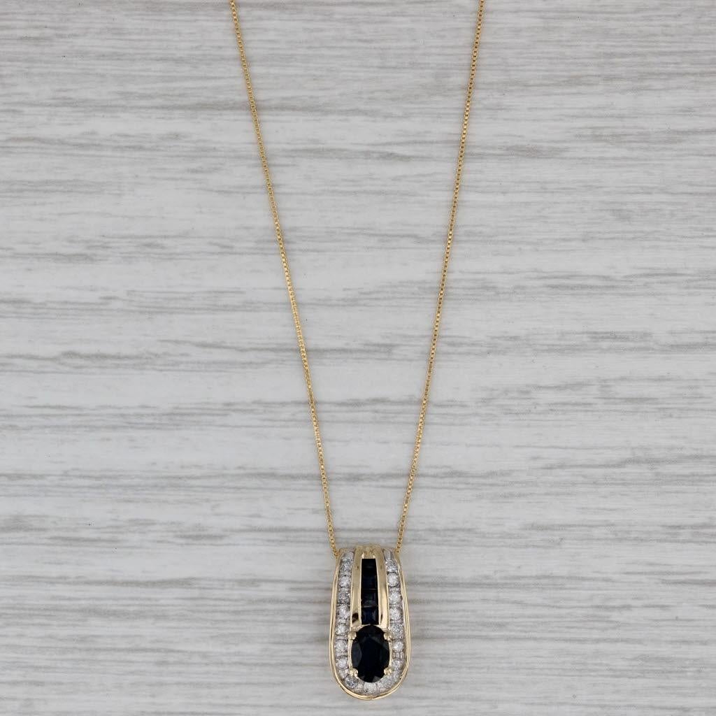 da uomo o donna Collana con ciondolo di diamanti e zaffiro da 0,88 ctw in oro giallo 14k con catena a scatola da 19 pollici in vendita