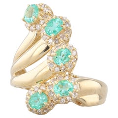 1.24ctw Emerald Diamond Fan Spray Ring 18k Yellow Gold Cocktail Size 6.5