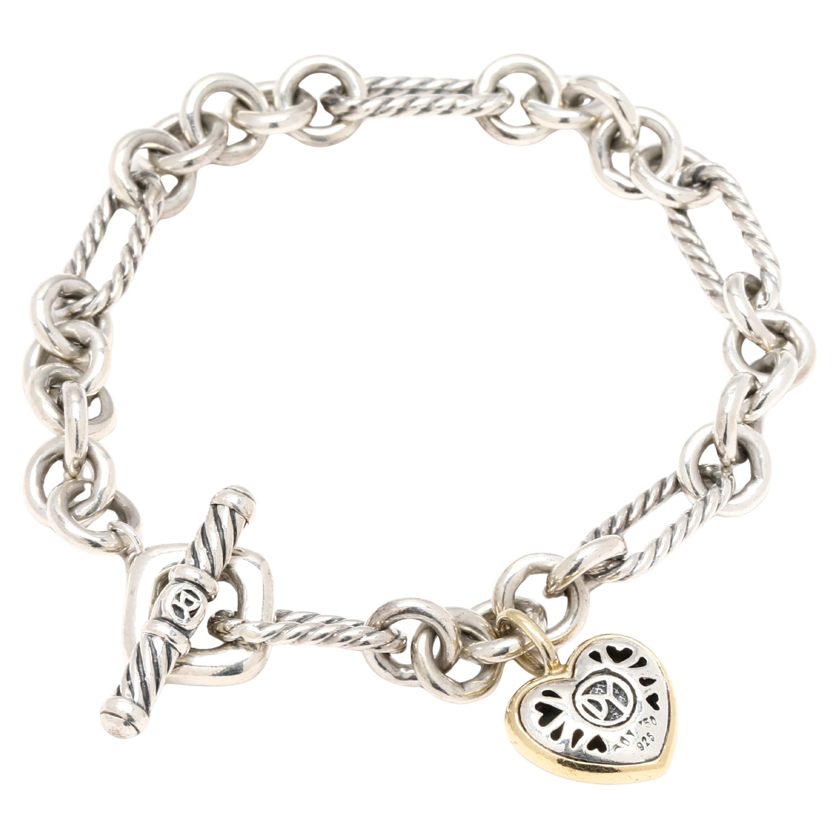 Bracciale a catena David Yurmand con charm a forma di cuore, argento sterling e oro giallo 18k in vendita