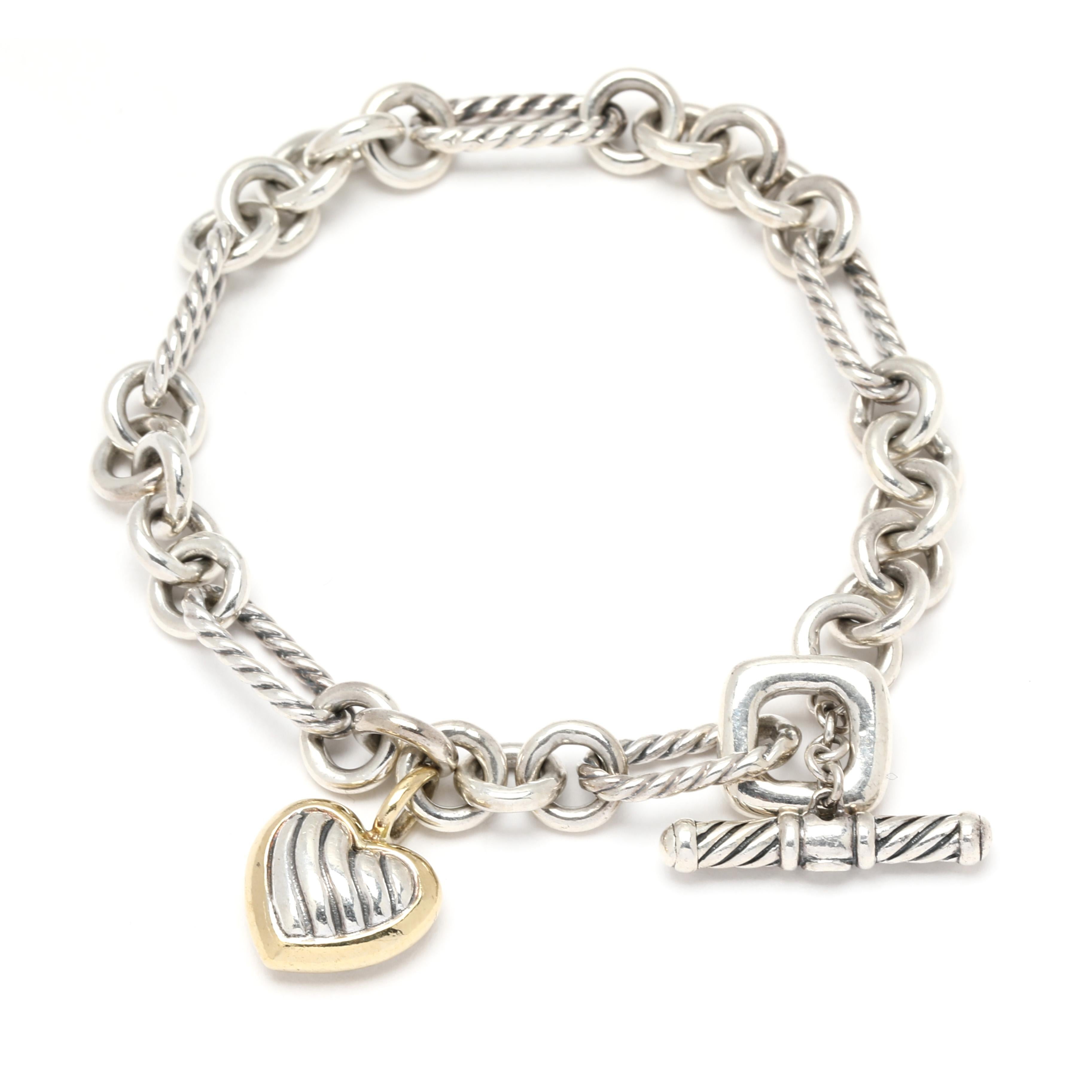 da uomo o donna Bracciale a catena David Yurmand con charm a forma di cuore, argento sterling e oro giallo 18k in vendita