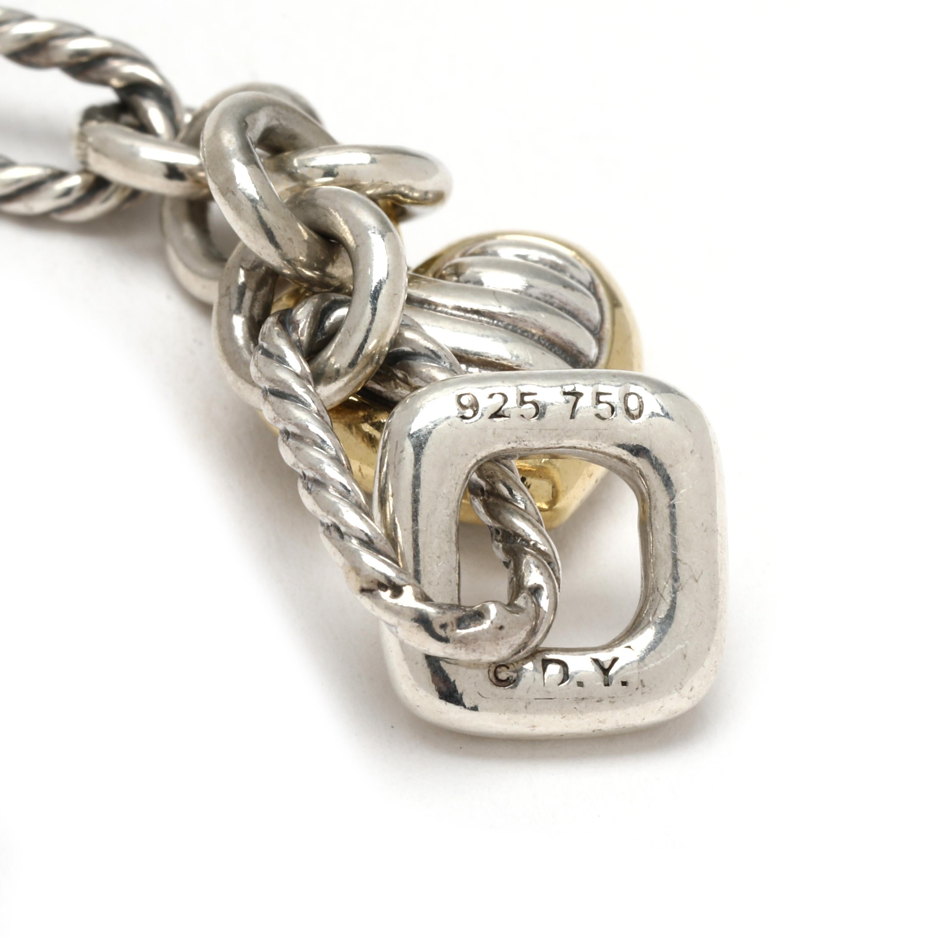 Bracciale a catena David Yurmand con charm a forma di cuore, argento sterling e oro giallo 18k in vendita 1