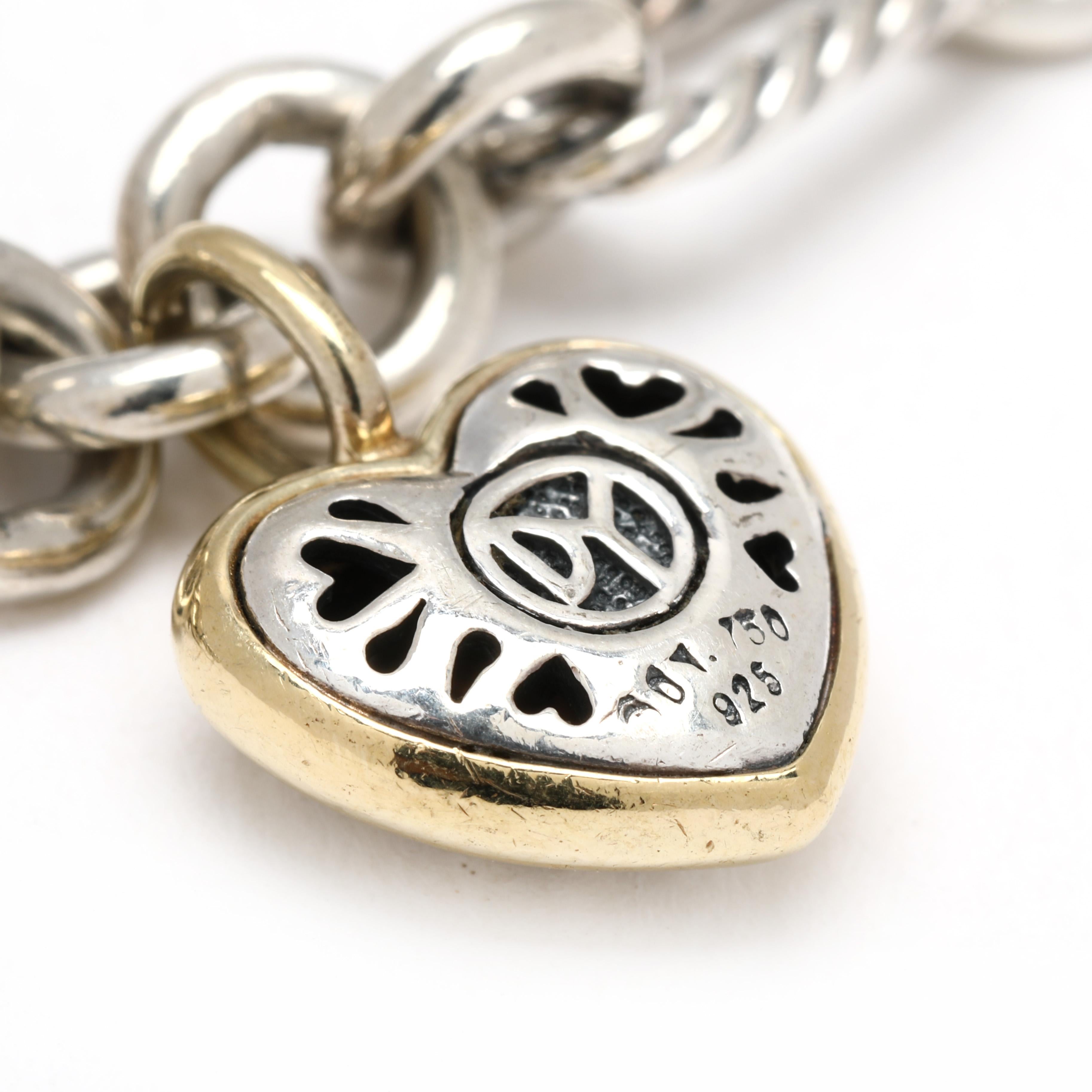 Bracciale a catena David Yurmand con charm a forma di cuore, argento sterling e oro giallo 18k In condizioni buone in vendita a McLeansville, NC